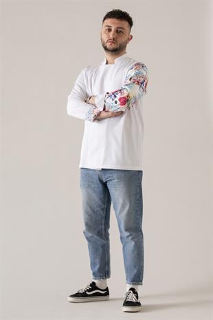 C-19 Flowery Skull – Beyaz Şef Ceketi