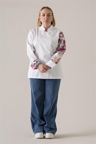 C-19 Flowery Skull Kadın – Beyaz Şef Ceketi