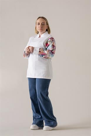 C-19 Flowery Skull Kadın – Beyaz Şef Ceketi