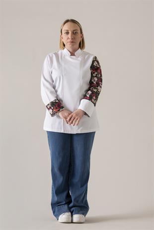 C-19 Tropical Flowers Kadın – Beyaz Şef Ceketi