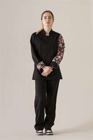 C-19 Tropical Flowers Kadın – Siyah Şef Ceketi