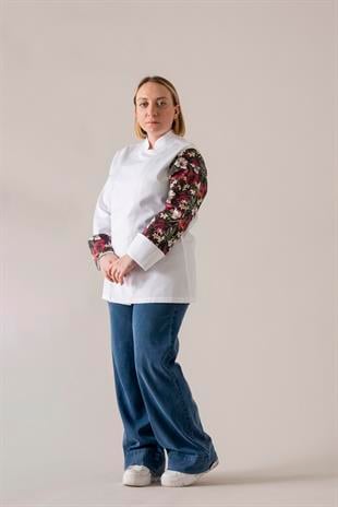 C-19 Tropical Flowers Kadın – Beyaz Şef Ceketi