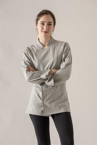 C-21 Premium Kadın – Antrasit Çizgili Şef Ceketi