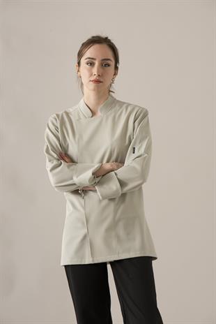 C-21 Premium Kadın – Beyaz Çizgili Bej Rengi Şef Ceketi