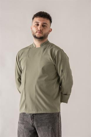 C-21 Premium –Haki Beyaz Çizgili Şef Ceketi