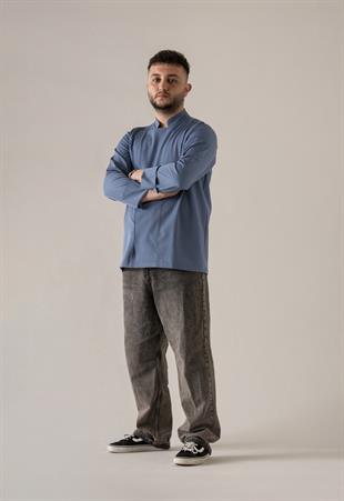 C-21 Premium – Denim Mavi Beyaz Çizgili Şef Ceketi
