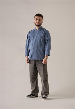 C-21 Premium – Denim Mavi Beyaz Çizgili Şef Ceketi