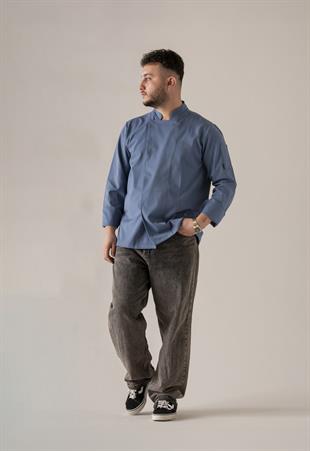 C-21 Premium – Denim Mavi Beyaz Çizgili Şef Ceketi