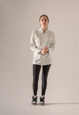 C-21 Premium Kadın – Lacivert Çizgili Ekru Şef Ceketi