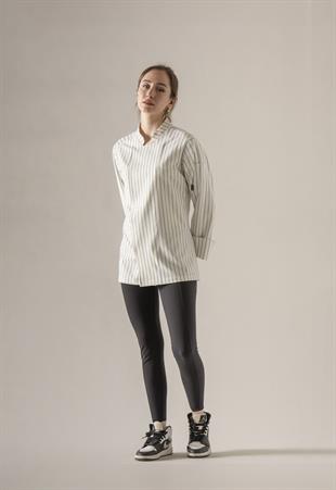 C-21 Premium Kadın – Lacivert Çizgili Ekru Şef Ceketi