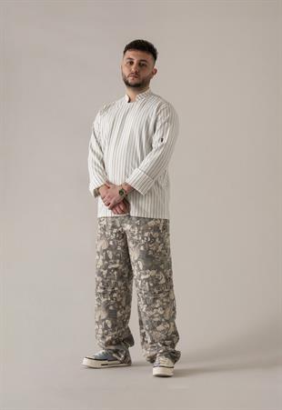 C-21 Premium – Lacivert Çizgili Ekru Şef Ceketi