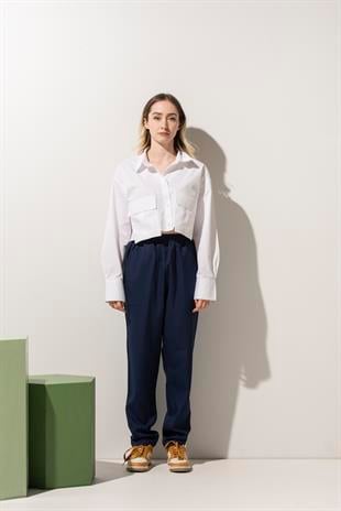 Lacivert Keten Görünümlü Kadın Şef Pantolonu 