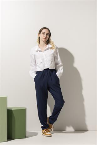 Lacivert Keten Görünümlü Kadın Şef Pantolonu 