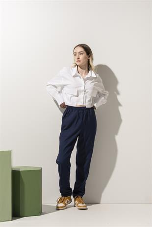 Lacivert Keten Görünümlü Kadın Şef Pantolonu 