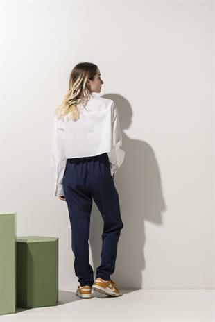 Lacivert Keten Görünümlü Kadın Şef Pantolonu 