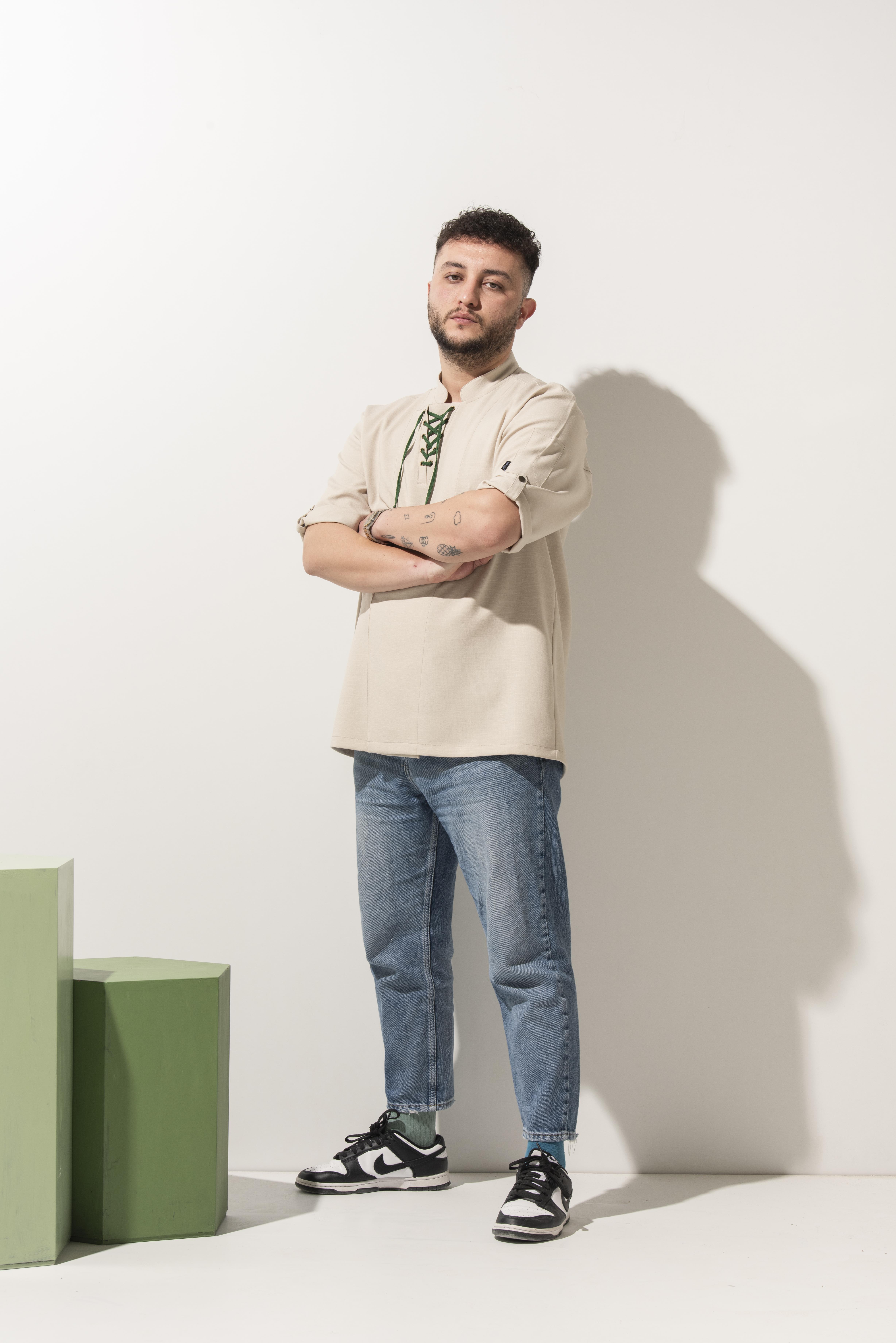 C-12 GLASGOW -  Bağcık Renk Seçenekli Bej Rengi Keten Şef Ceketi