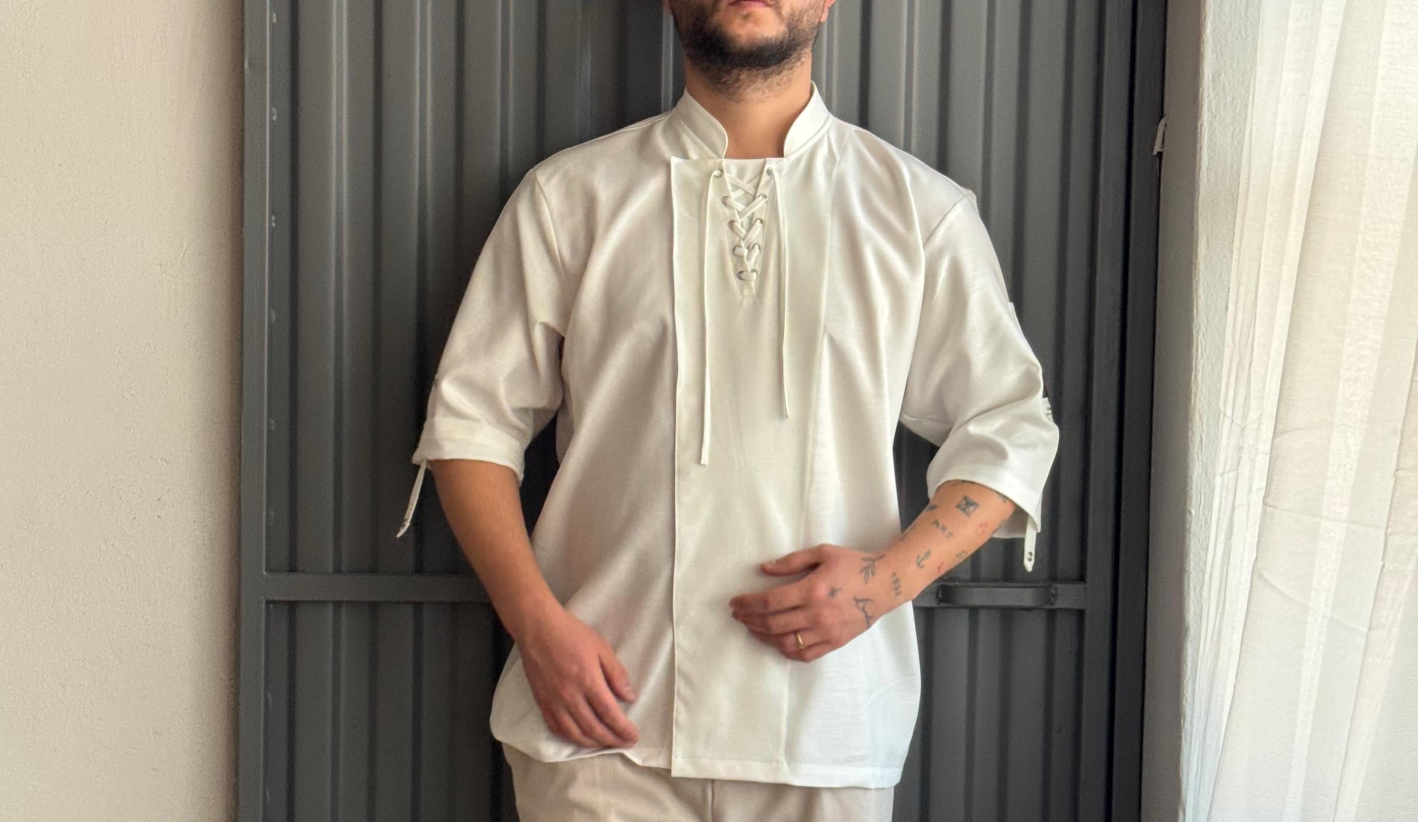 C-12 GLASGOW -  Bağcık Renk Seçenekli Beyaz Keten Şef Ceketi Kadın