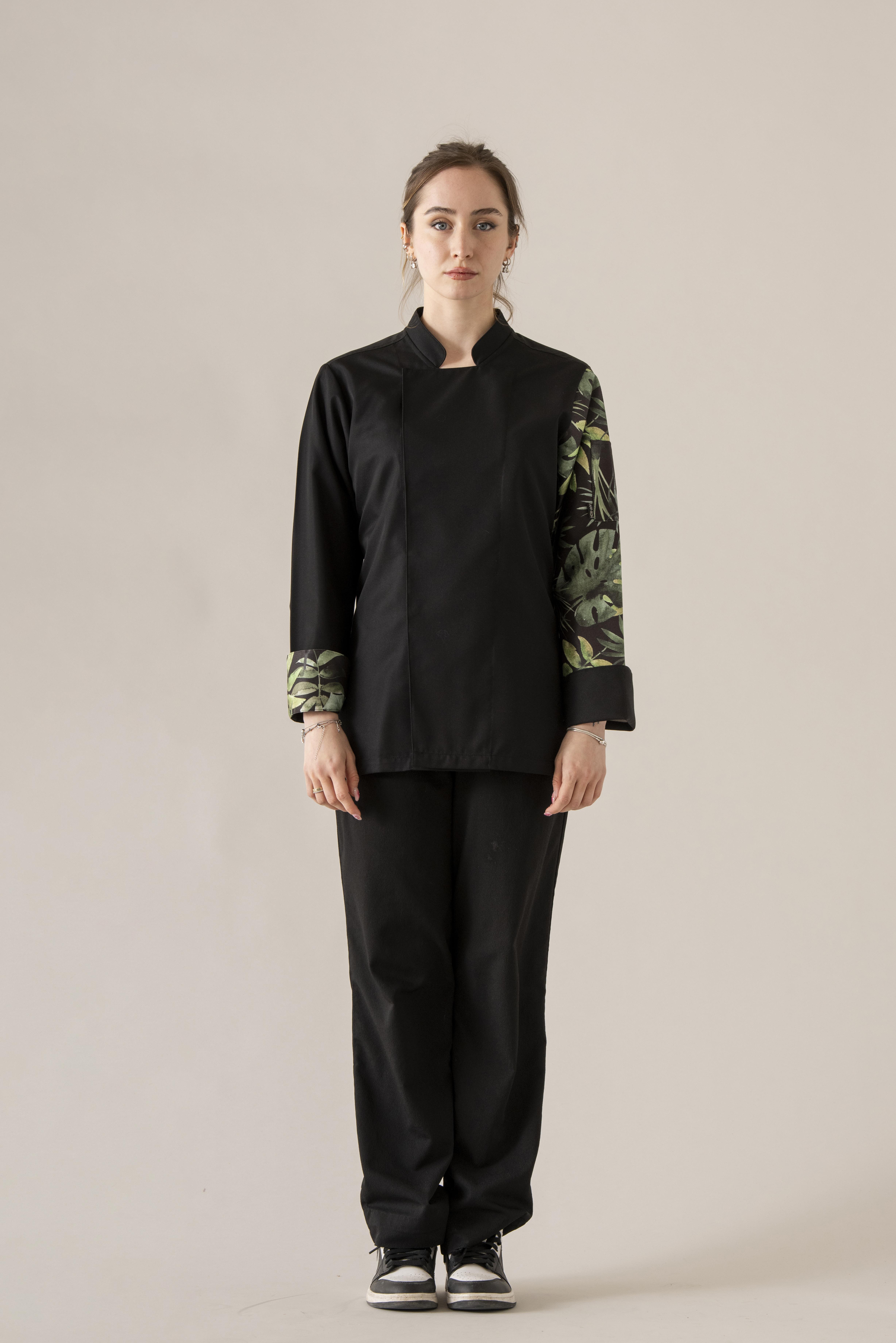 C-19 GREENS MONSTERA - Deve Tabanlı Desenli Siyah Şef Ceketi Kadın