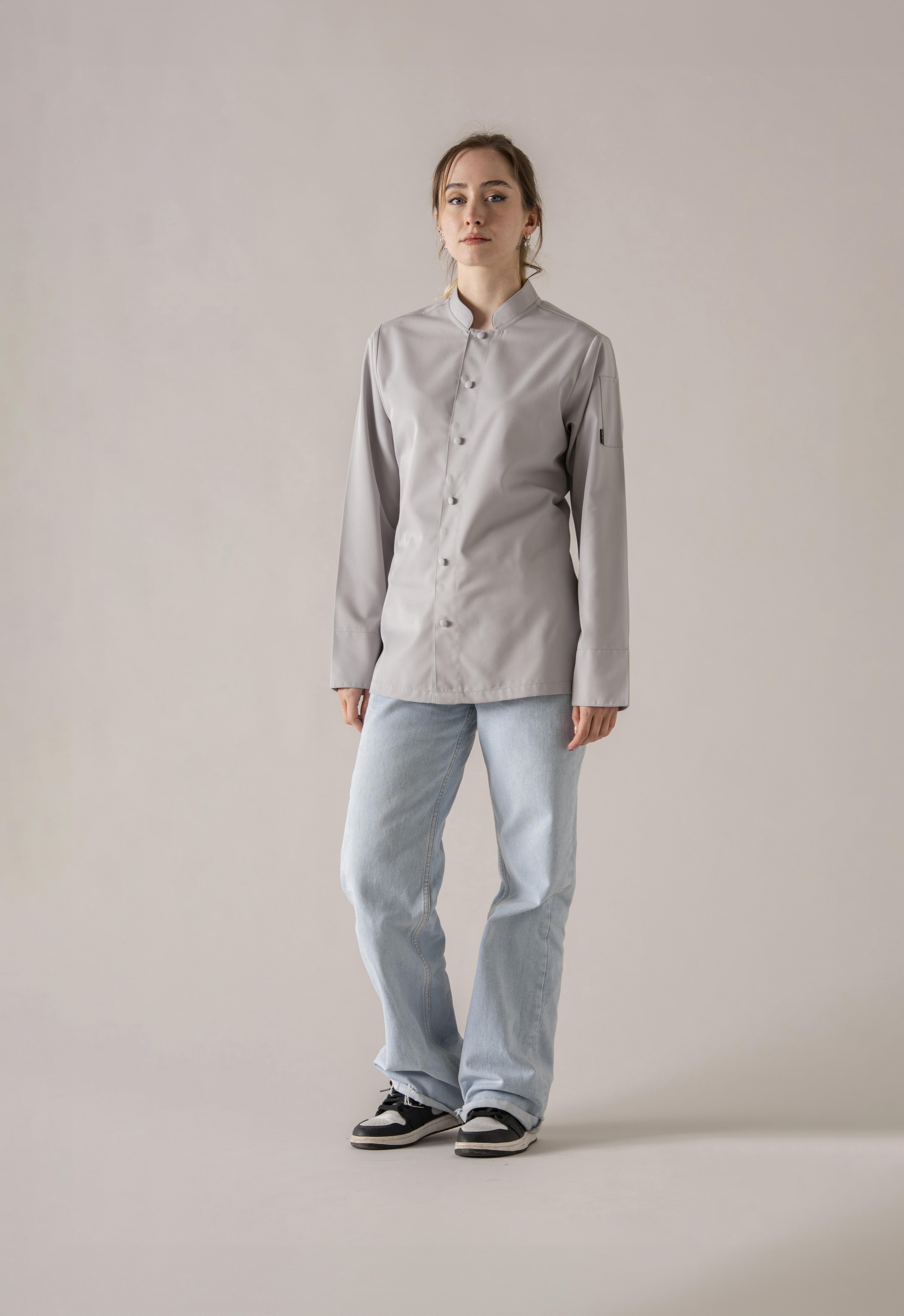 C-20 SOFT - Açık Gri Düğmeli Şef Ceketi Kadın