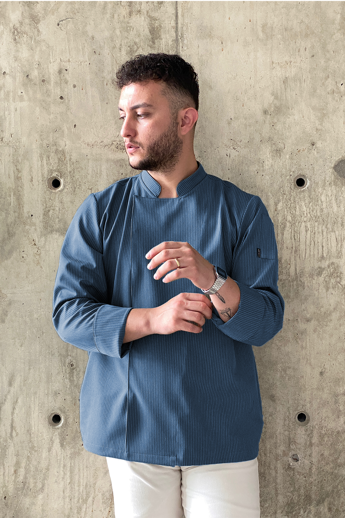 C-21 PREMIUM - Beyaz Çizgili Denim Mavi Şef Ceketi 