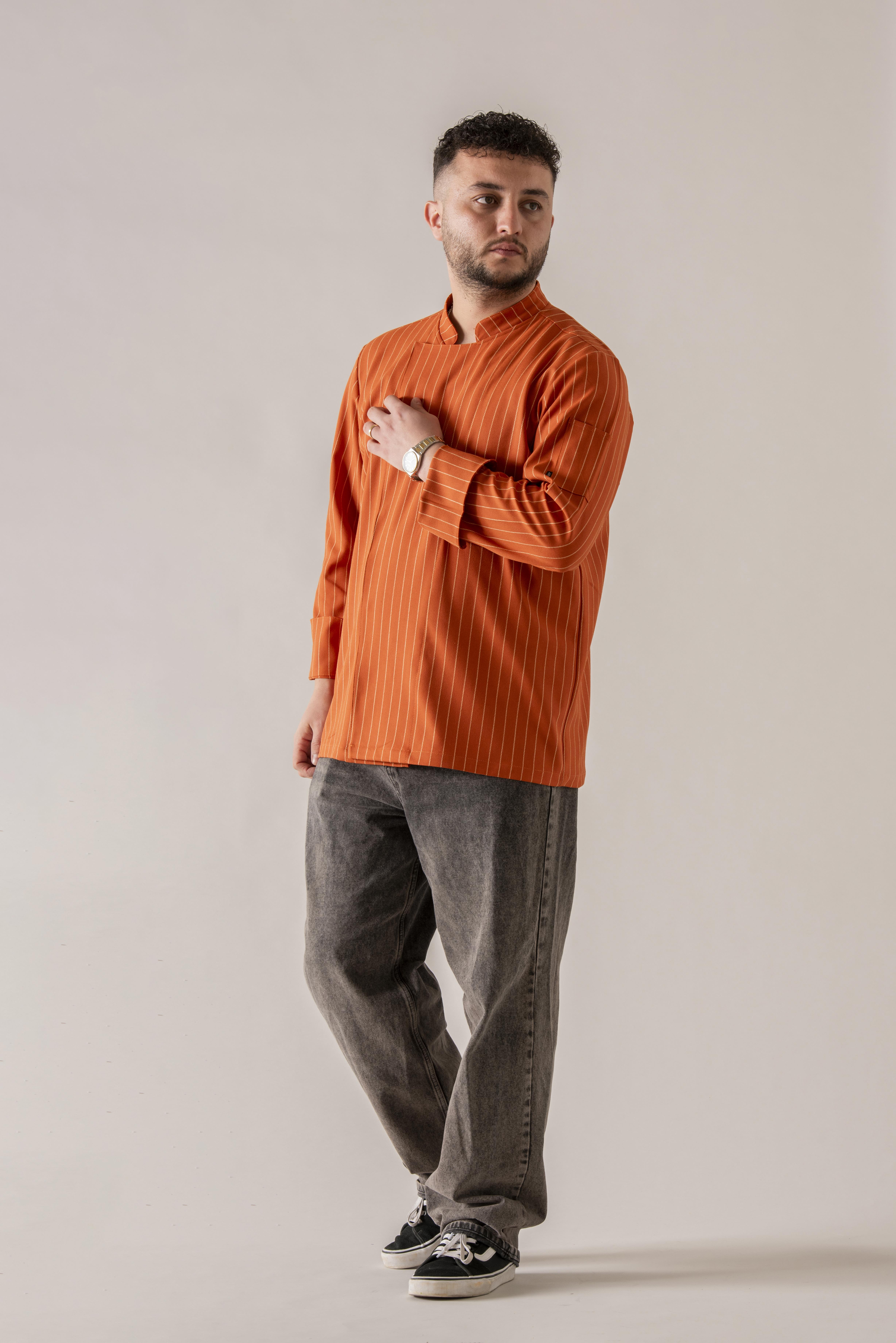 C-21 PREMIUM - Beyaz Çizgili Turuncu Şef Ceketi