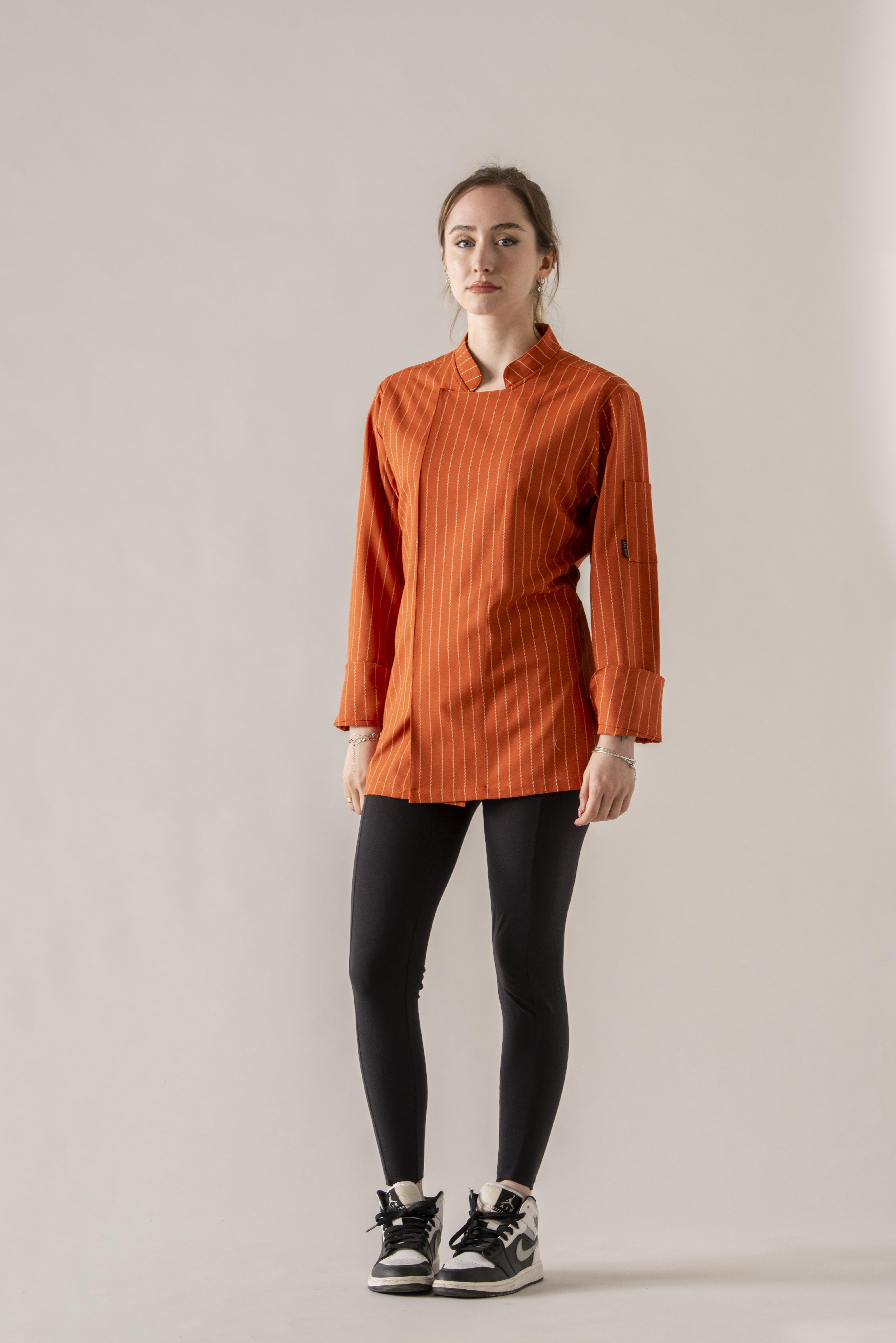 C-21 PREMIUM - Beyaz Çizgili Turuncu Şef Ceketi Kadın