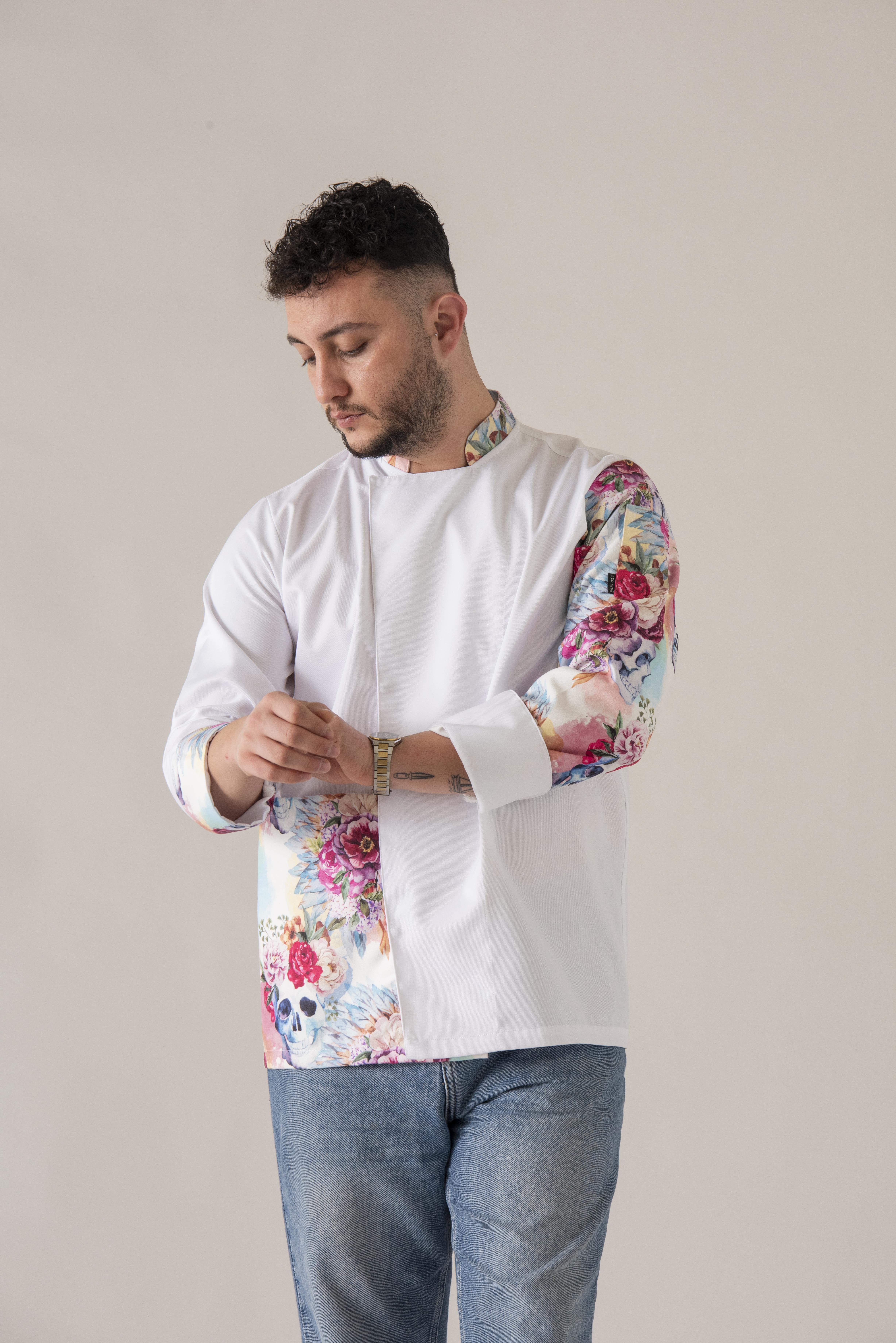 C-24 FLOWERY SKULL - Çiçek ve Kuru Kafa Desenli Beyaz Şef Ceketi 