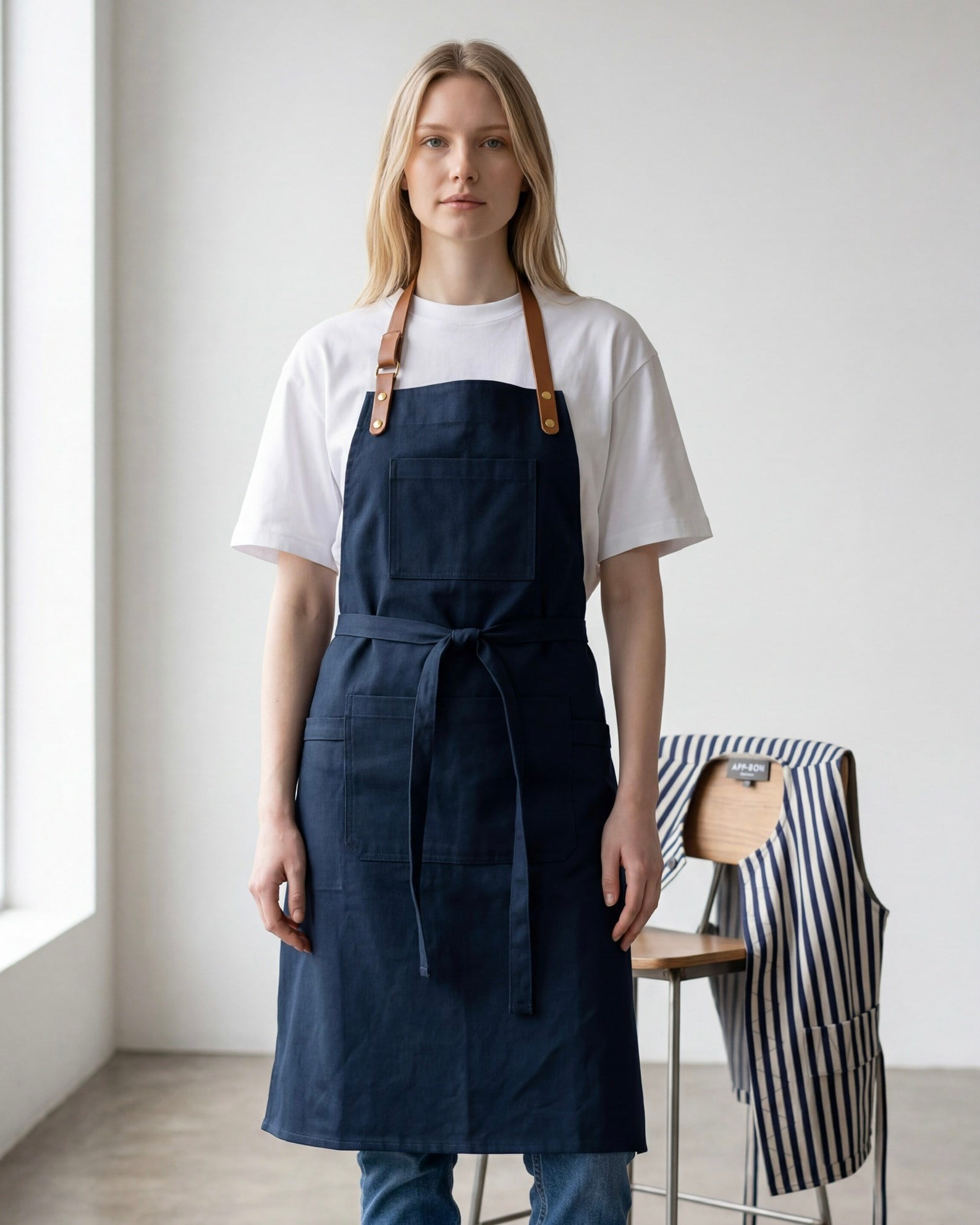 D-111 Loft - Lacivert Deri Askılı Önlük