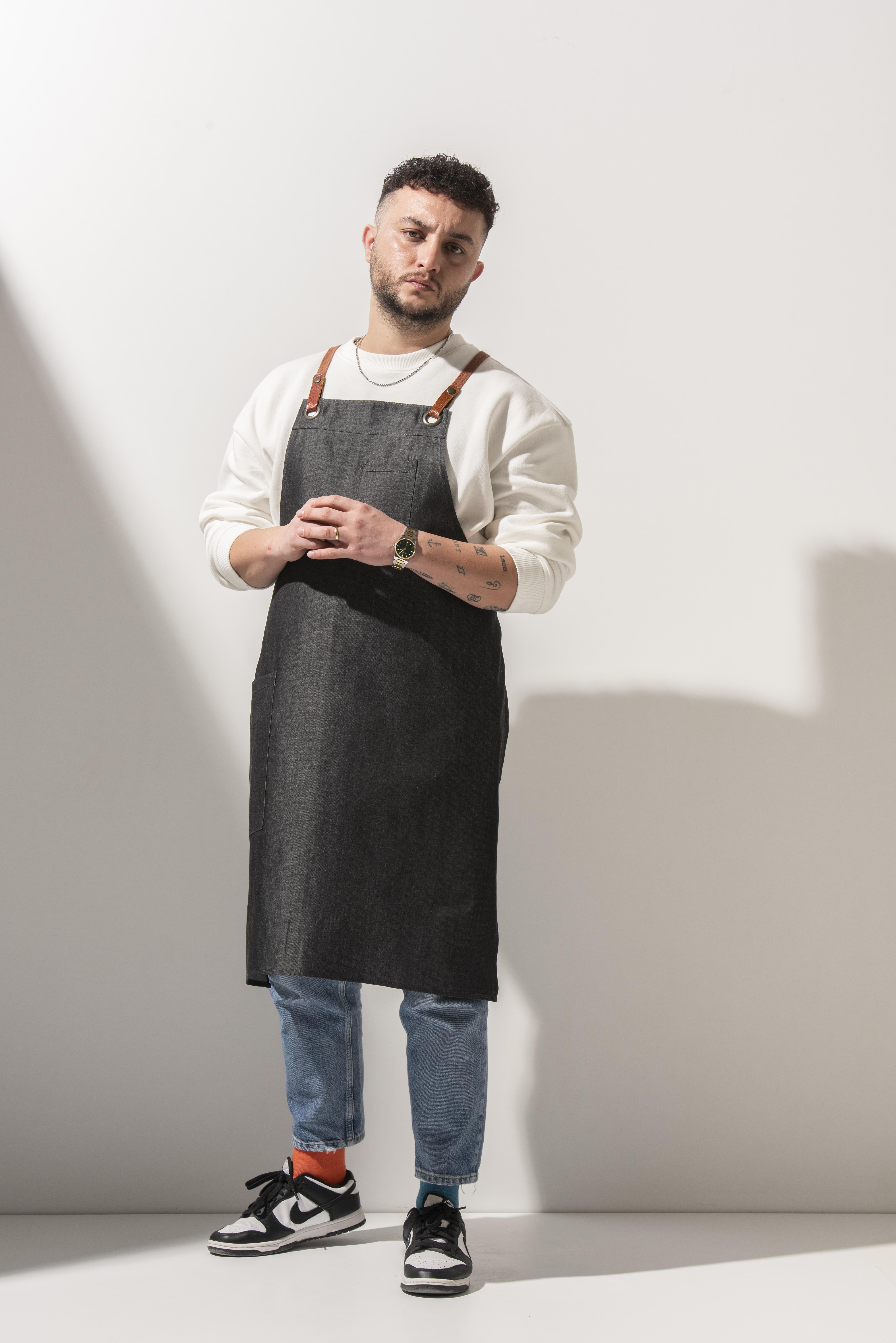 D-177 THOMAS - Çıkarılabilir Taba Rengi Askılı Gri Kot Önlük 