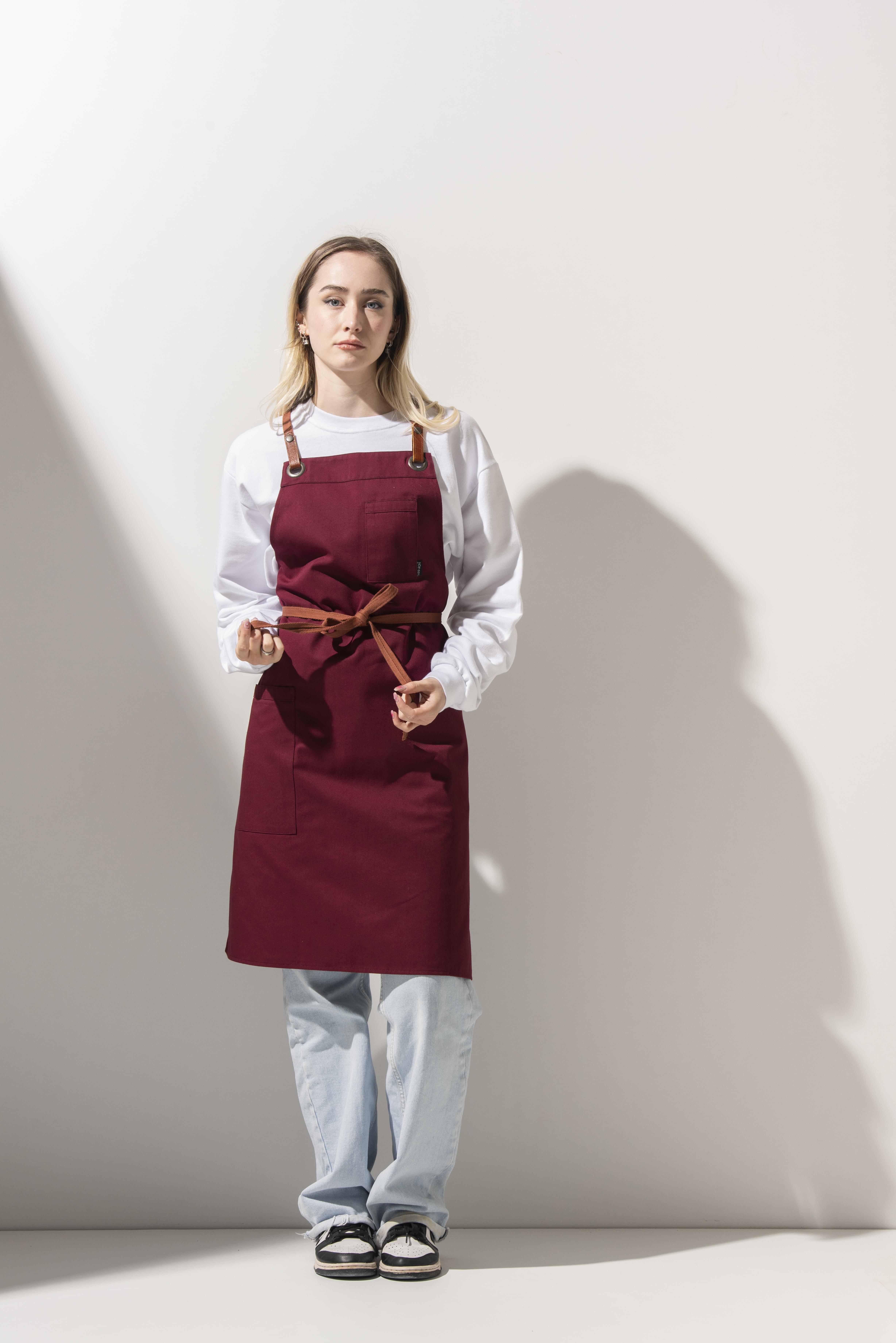 D-177 THOMAS - Çıkarılabilir Taba Rengi Askılı Bordo Önlük 