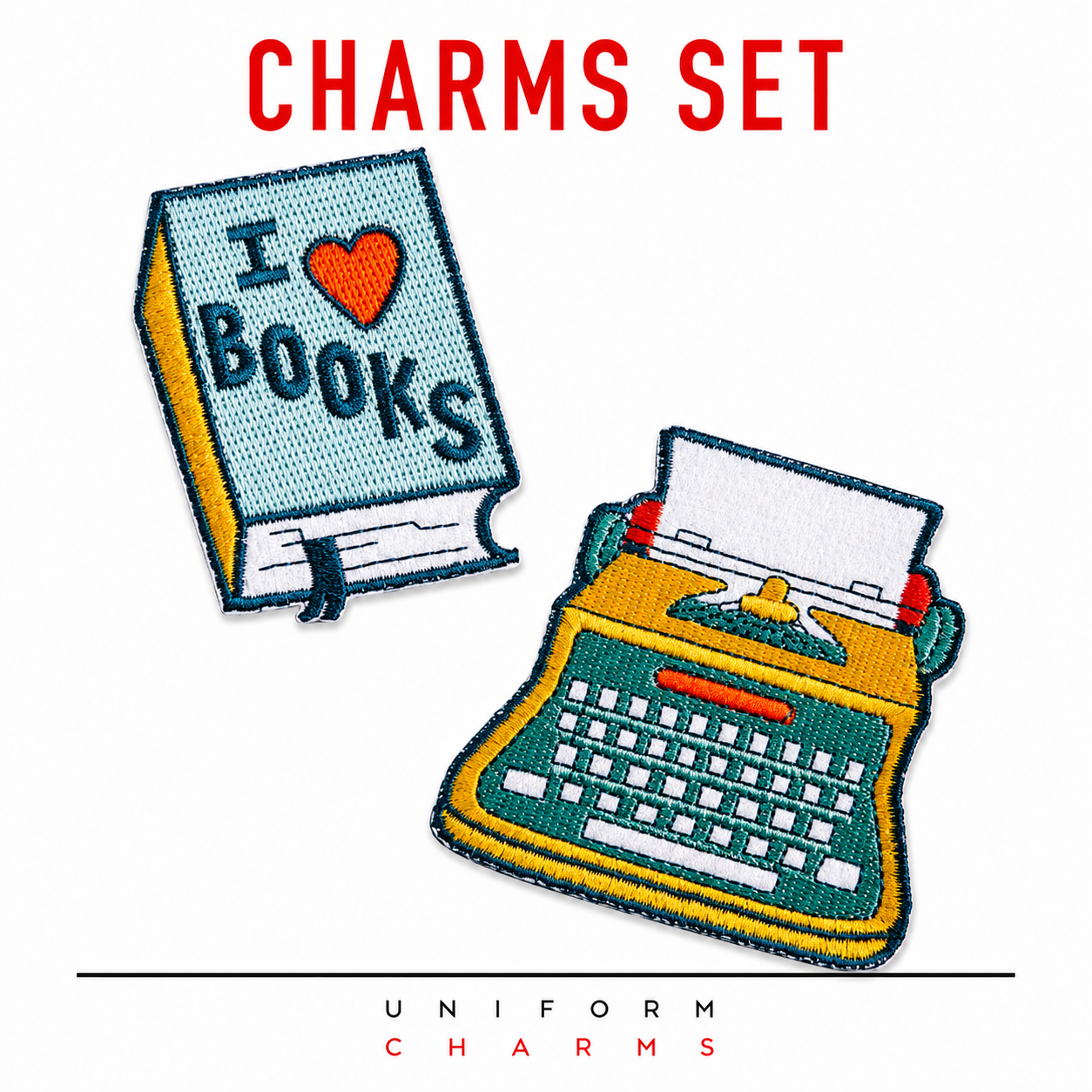 Uniform Charms™ Yazar Seti (I♥Books + Daktilo) Broş Charm