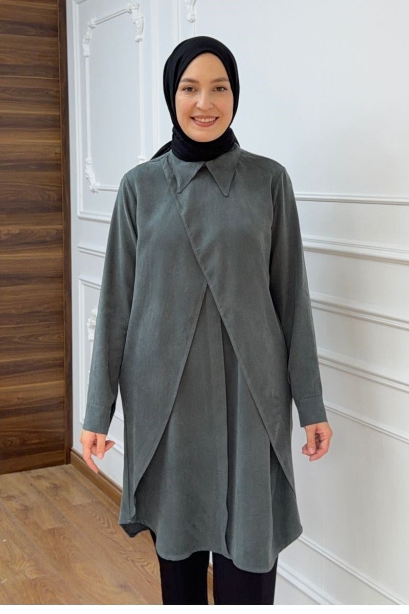 Alya Önü Fırfırlı Uzun Tunik Adaçayı