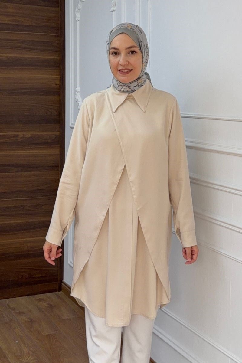 Alya Önü Fırfırlı Uzun Tunik Krem