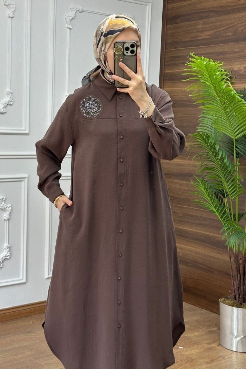 Armine Trend Çiçek Detaylı Uzun Tunik Acı Kahve