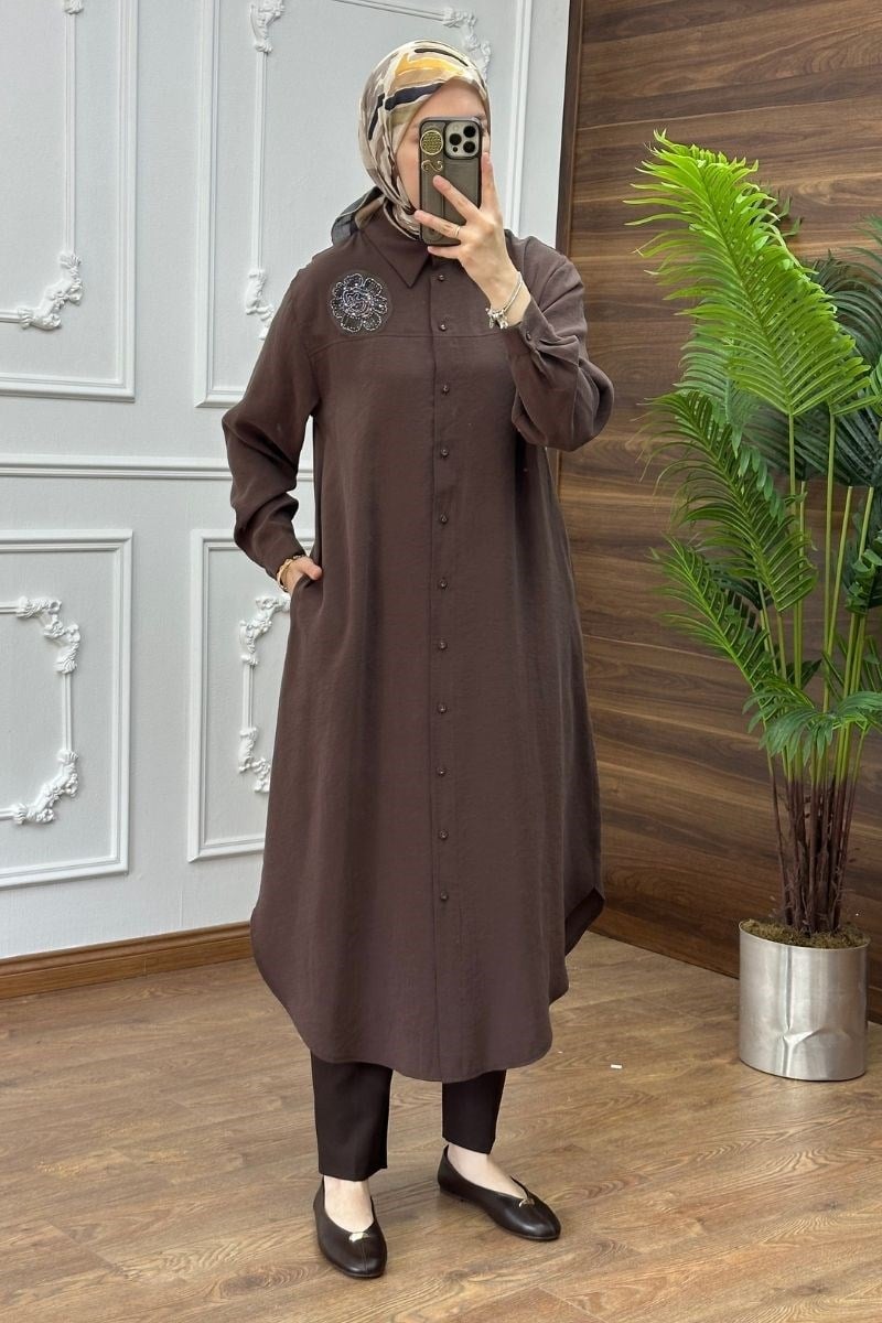 Armine Trend Çiçek Detaylı Uzun Tunik Acı Kahve