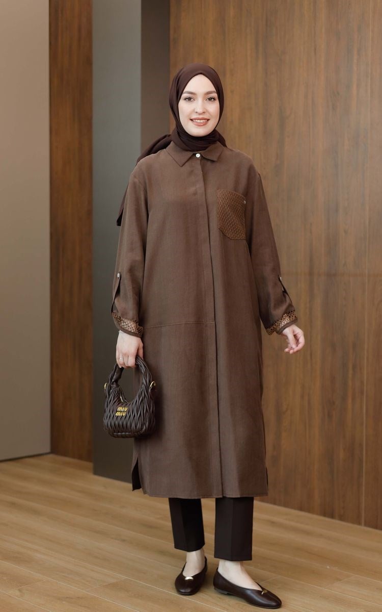 Armine Trend File Detaylı Uzun Tunik Kahverengi 