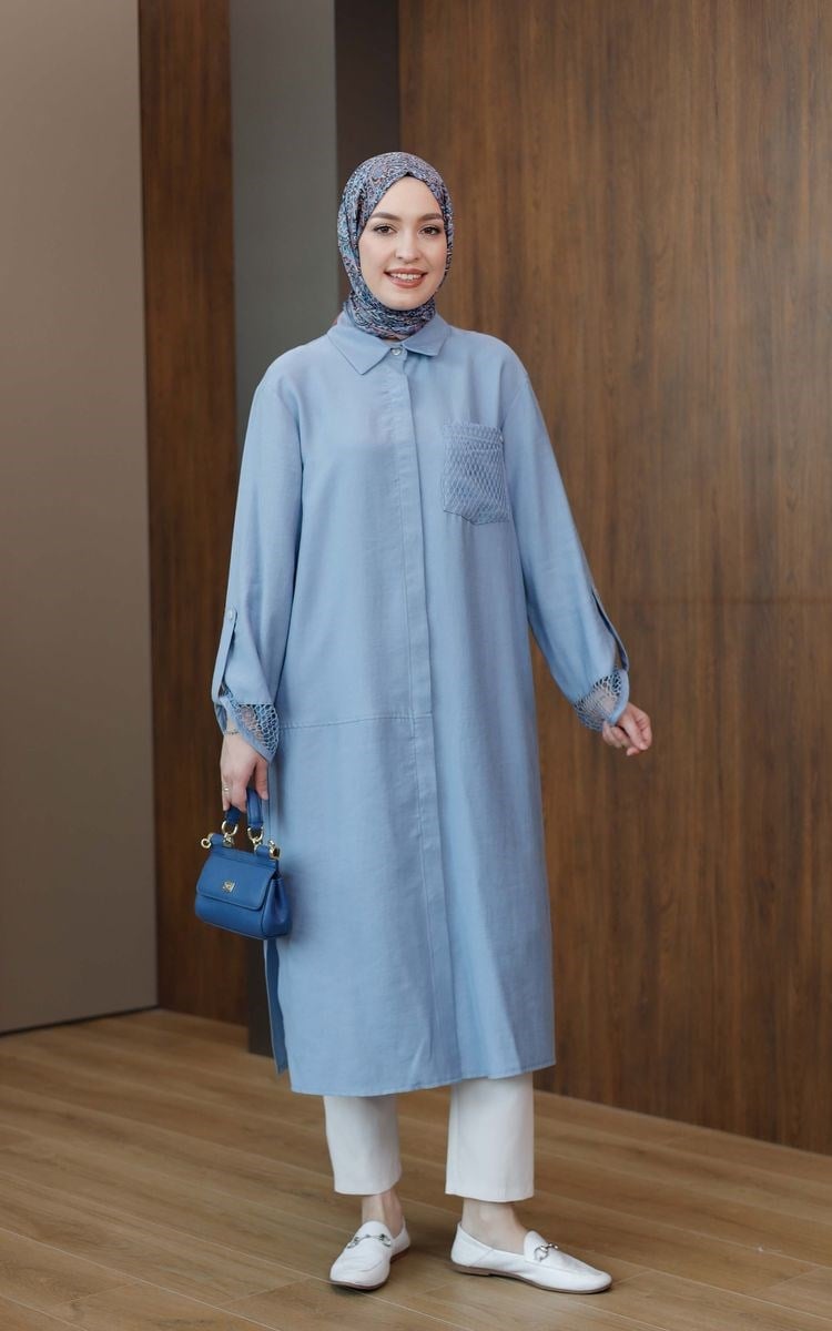 Armine Trend File Detaylı Uzun Tunik Mavi