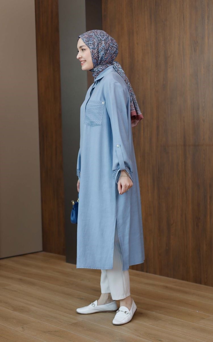 Armine Trend File Detaylı Uzun Tunik Mavi