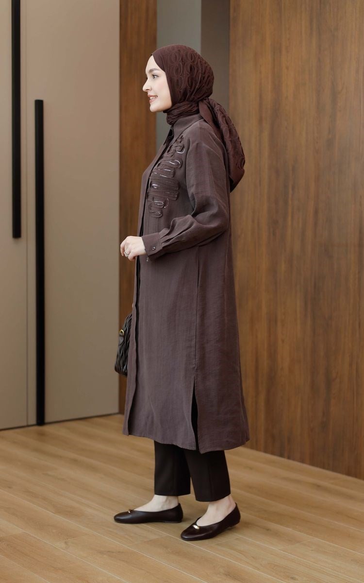 Armine Trend Pul Detaylı Uzun Tunik Kahverengi 