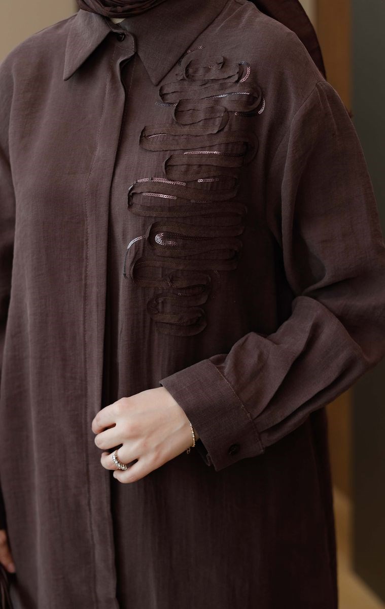 Armine Trend Pul Detaylı Uzun Tunik Kahverengi 