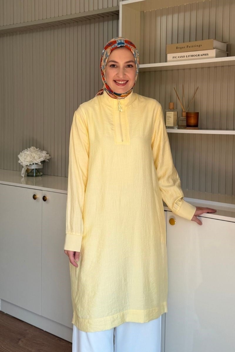 Armine Trend Yarım Fermuarlı Kolları Lastikli Tunik Sarı