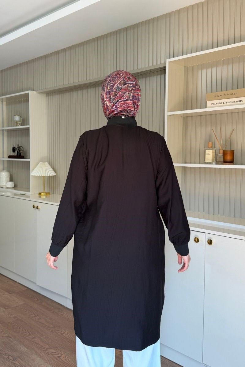 Armine Trend Yarım Fermuarlı Kolları Lastikli Tunik Siyah