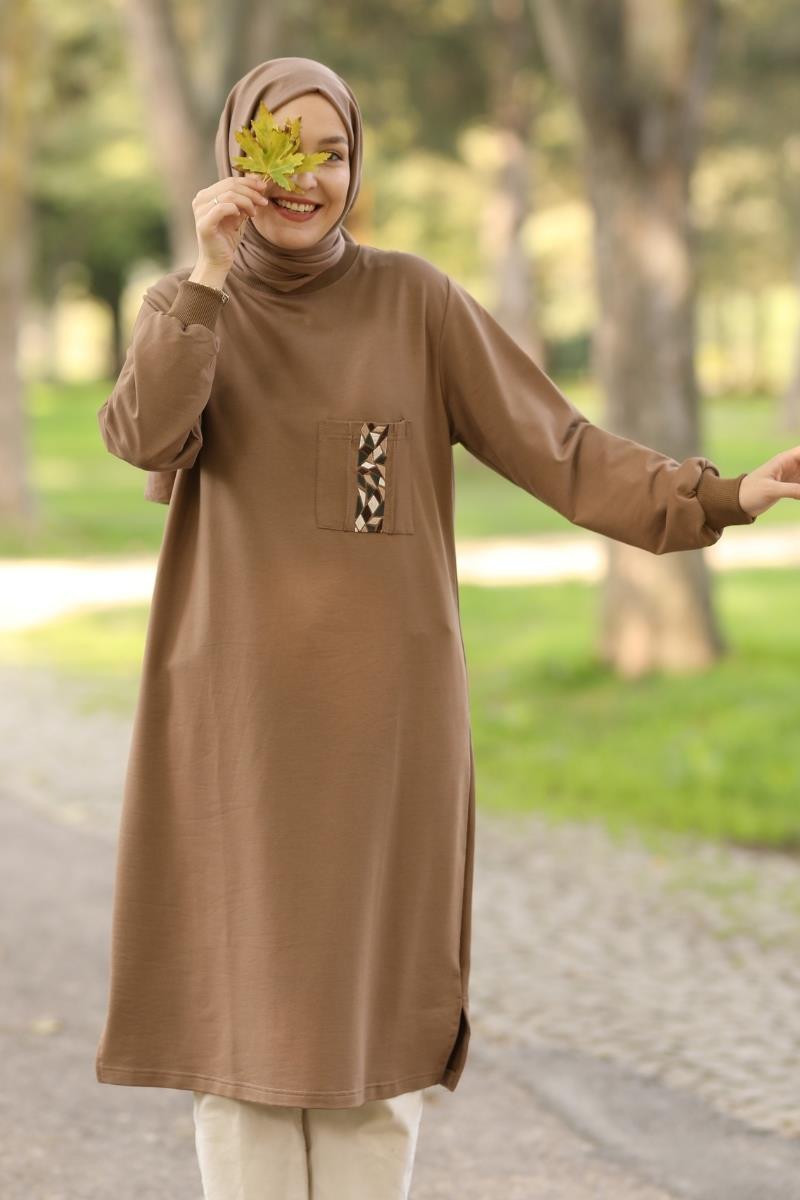 Basic Nakışlı Uzun Sweat Kahve