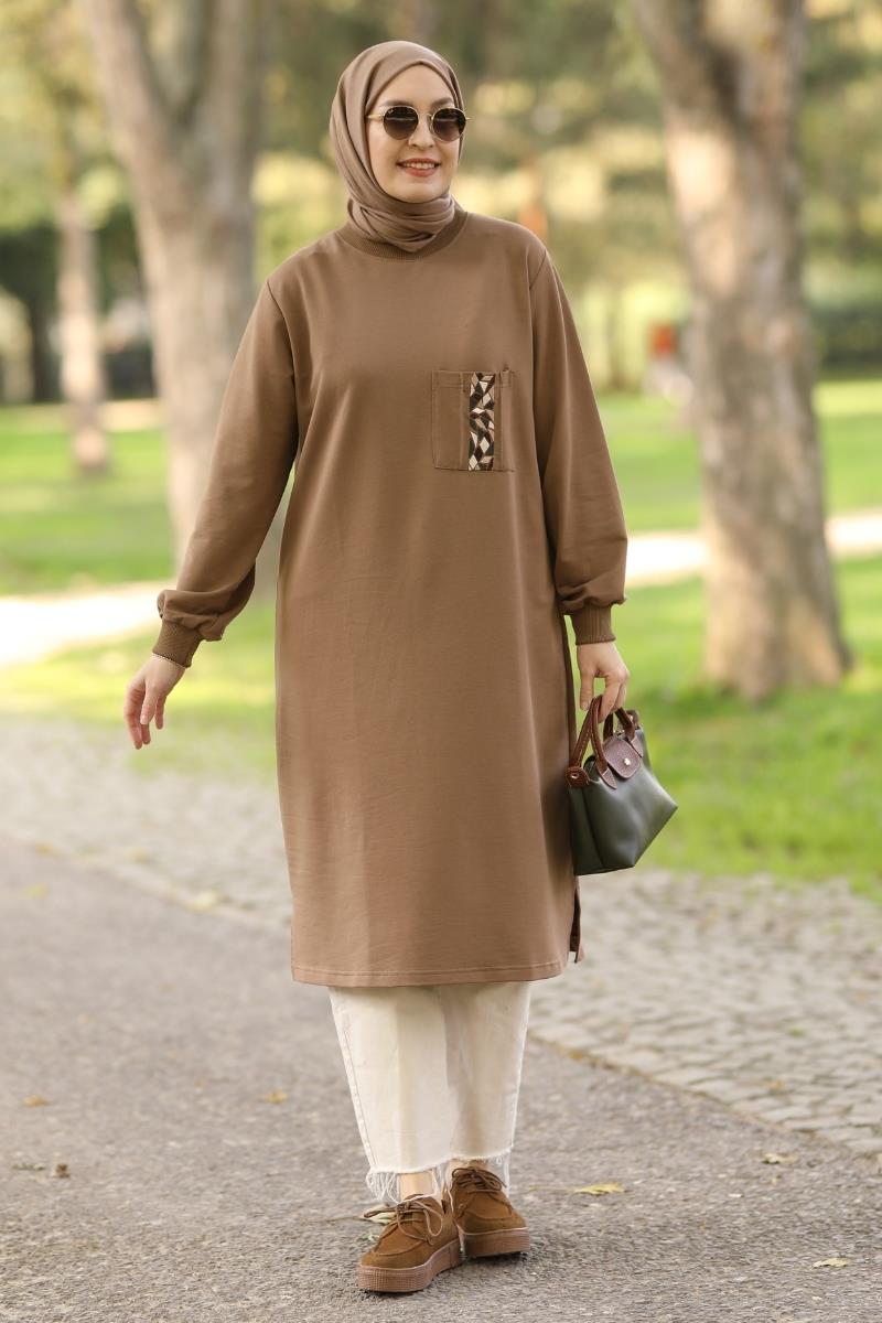 Basic Nakışlı Uzun Sweat Kahve