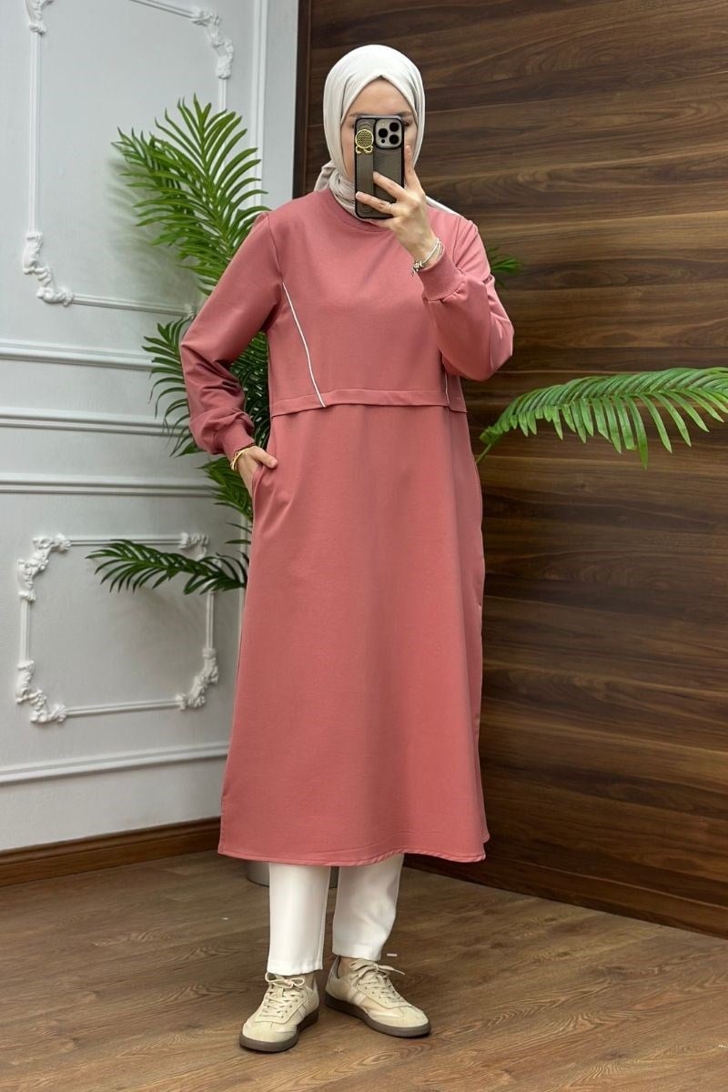 Biyeli Cepli 120 cm Uzun Sweat Gül Kurusu