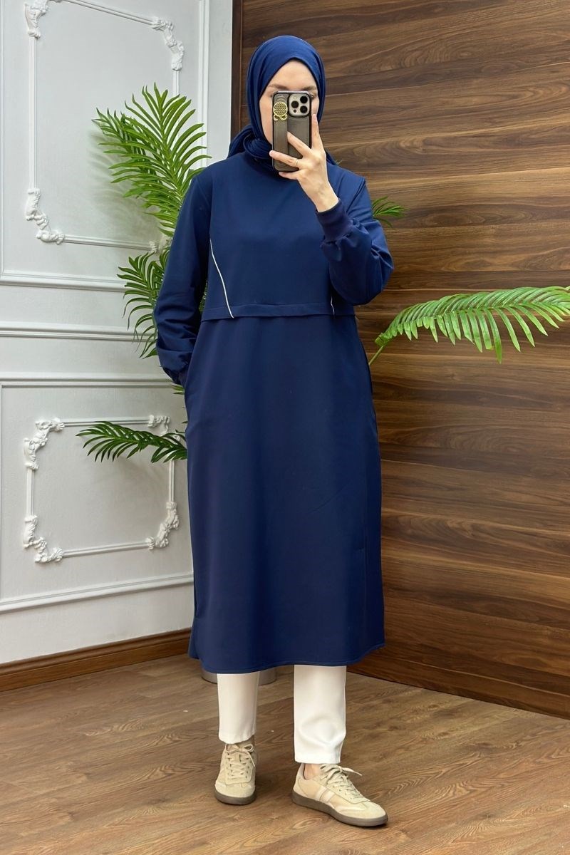 Biyeli Cepli 120 cm Uzun Sweat Lacivert