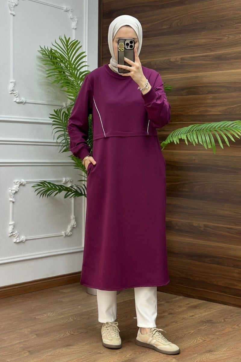Biyeli Cepli 120 cm Uzun Sweat Mürdüm