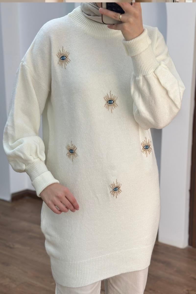 Boncuklu Yumoş Triko Ekru