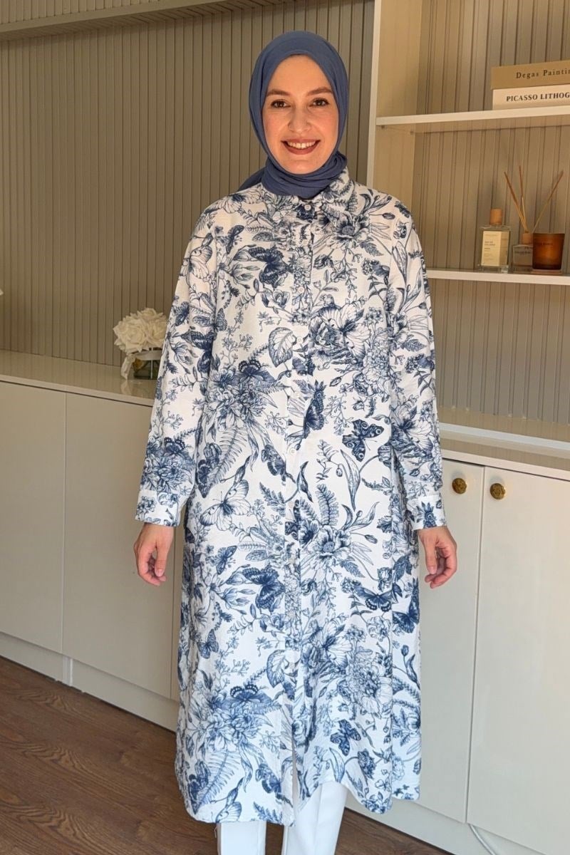 Botanik Desen 120 cm Uzun Tunik Mavi 
