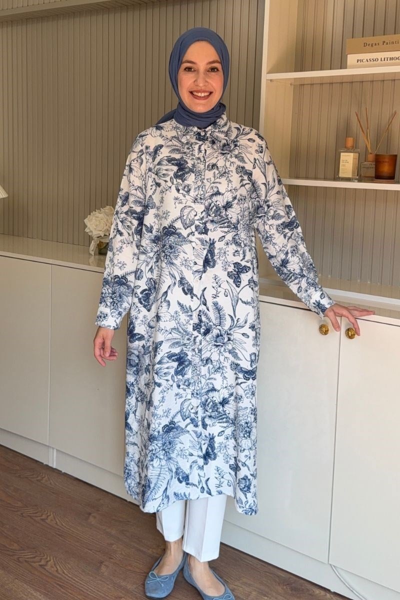 Botanik Desen 120 cm Uzun Tunik Mavi 